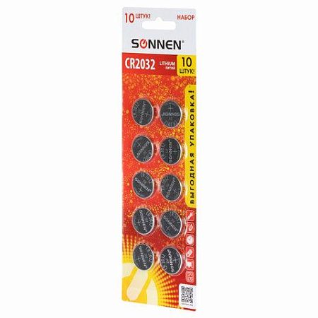 Батарейки литиевые SONNEN Lithium CR2032, "таблетки, дисковые, кнопочные", КОМПЛЕКТ 10 шт., блистер, 457143
