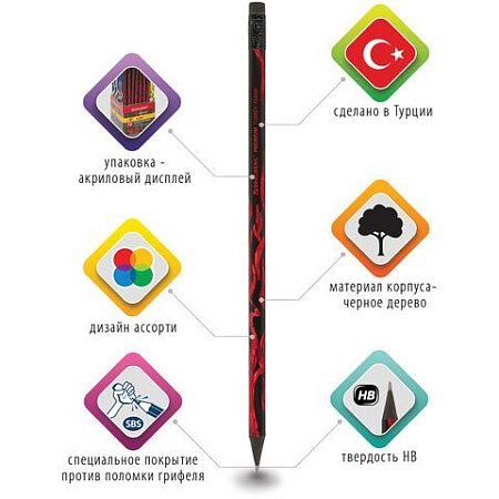 Карандаш чернографитный BRAUBERG "PREMIUM TURKEY", 1 шт., "Flame", НВ, ассорти, дисплей,181565 