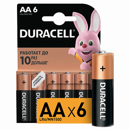 Батарейки КОМПЛЕКТ 6шт, DURACELL Basic ОРИГИНАЛ, АА (LR6,15А), алкалиновые, пальчиковые, Б0014859