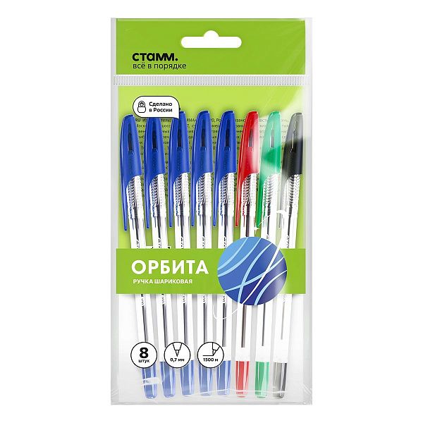 Набор шариковых ручек СТАММ "Орбита 100" 8шт., 4цв., 0,7мм, пакет с европодвесом