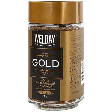 Кофе растворимый WELDAY "Gold", сублимированный, 95 г, стеклянная банка, 622675