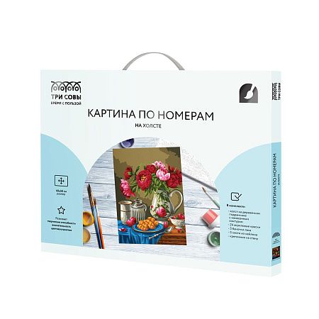 Картина по номерам на холсте ТРИ СОВЫ "Пионы и клубника", 40*50, с акриловыми красками и кистями