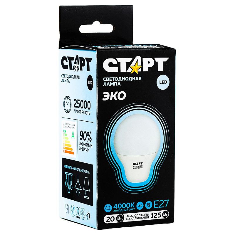 Лампа светодиодная Старт LED, серия "WS" 20W40, тип А "груша", E27, 4000К, нейтральный свет, 25000ч