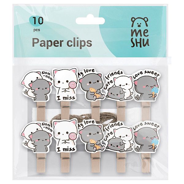 Зажимы для бумаг 7мм, MESHU "Best Friends" , 10шт., деревянные, ассорти, опп пакет с европодвесом, веревка в комплекте