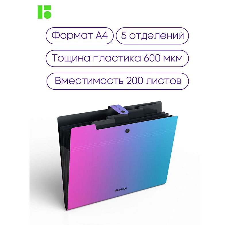 Папка 5 отделений Berlingo "Radiance", А4, 600мкм, на кнопке, розовый/голубой градиент 