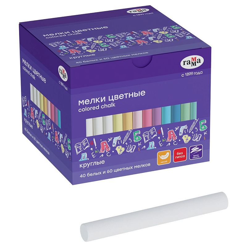 Мелки школьные Гамма, цветные, 100шт. (40шт. белых и 60шт. цветных), мягкие, круглые, картонная коробка 
