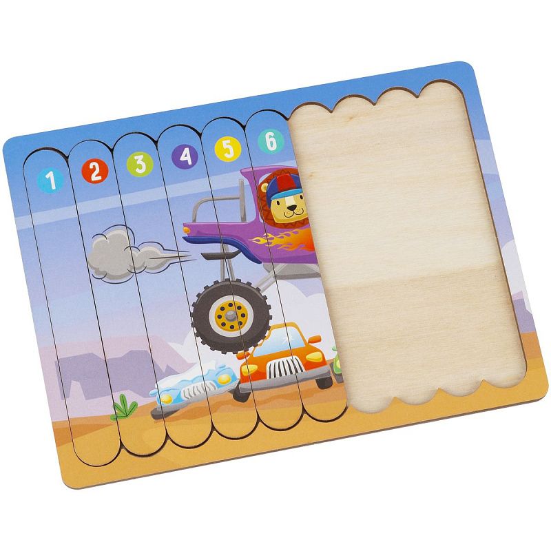 Деревянный пазл - палочки ТРИ СОВЫ "Монстр-трак", 10 деталей на подложке, фанера 