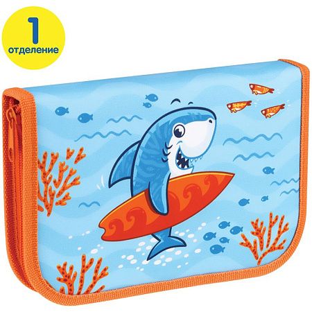 Пенал 1 отделение, 200*130 Мульти-Пульти "Surf Shark", доп. секция, ткань 