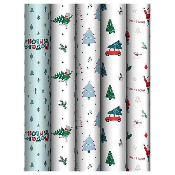 Упаковочная бумага глянц. 70*100см, MESHU "New Year", 80г/м2, ассорти 5 дизайнов