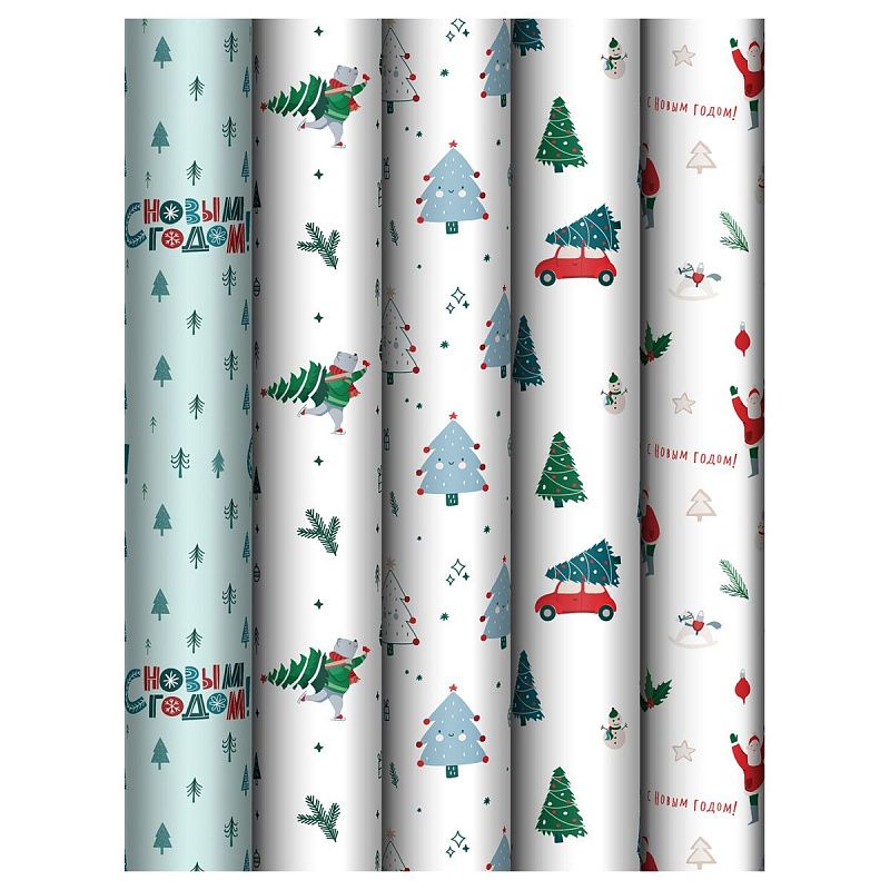 Упаковочная бумага глянц. 70*100см, MESHU "New Year", 80г/м2, ассорти 5 дизайнов