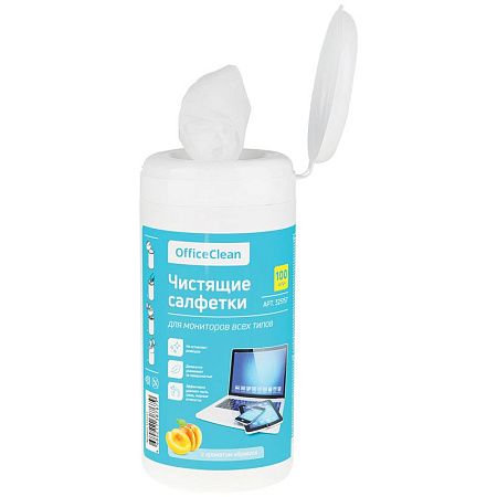 Салфетки чистящие влажные OfficeClean, для мониторов всех типов, в тубе, с ароматом абрикоса, 100шт.