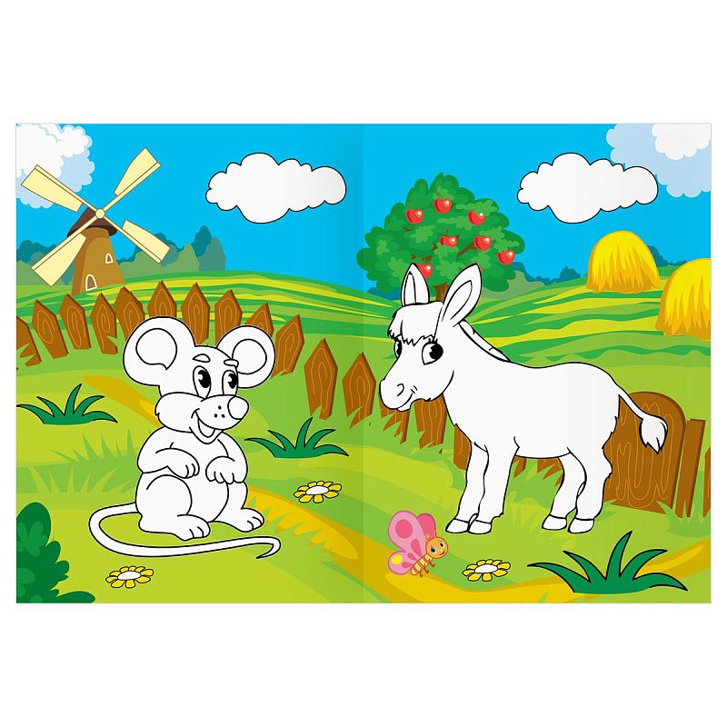 Раскраска А4 ТРИ СОВЫ "В деревне", 16стр., цветной фон