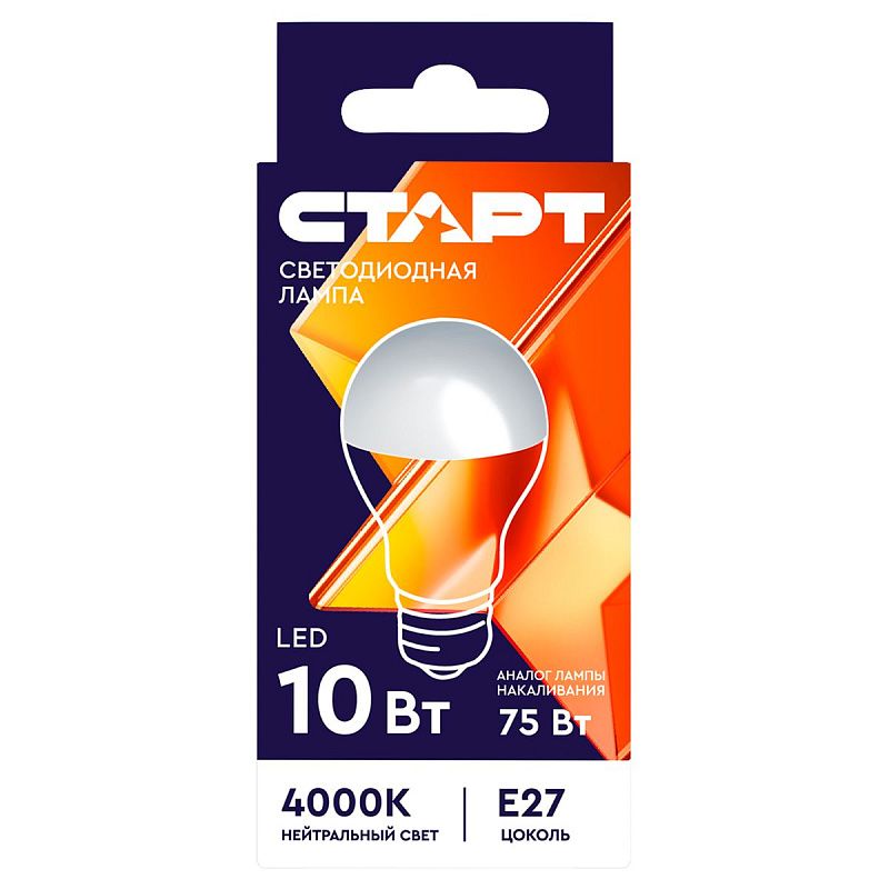 Лампа светодиодная Старт LED, серия "WS" 10W40, тип А "груша", E27, 4000К, нейтральный свет, 25000ч