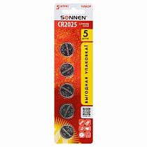 Батарейки литиевые SONNEN Lithium CR2025, "таблетки, дисковые, кнопочные", КОМПЛЕКТ 5 шт., блистер, 457140