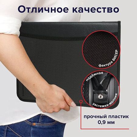 Папка на молнии пластиковая BRAUBERG, А4, 350х282х33 мм, 2 отделения, 4 кармана, бизнес-класс, черная, 225166 