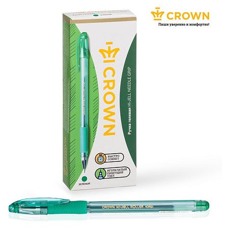 Ручка гелевая Crown "Hi-Jell Needle Grip" зеленая, 0,7мм, грип, игольчатый стержень, штрих-код 