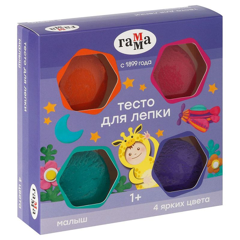 Тесто для лепки Гамма "Малыш", 04 цвета, 240г, яркие цвета, картон. упаковка