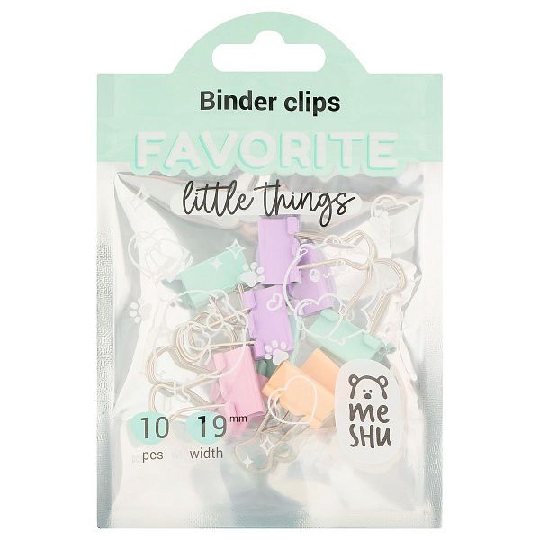 Зажимы для бумаг 19мм, MESHU "Pastel", 10шт., ассорти, пакет с замком зип лок, европодвес