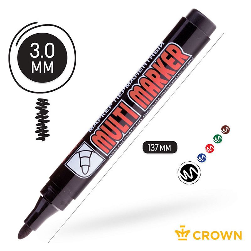 Маркер перманентный Crown "Multi Marker" черный, пулевидный, 3мм 