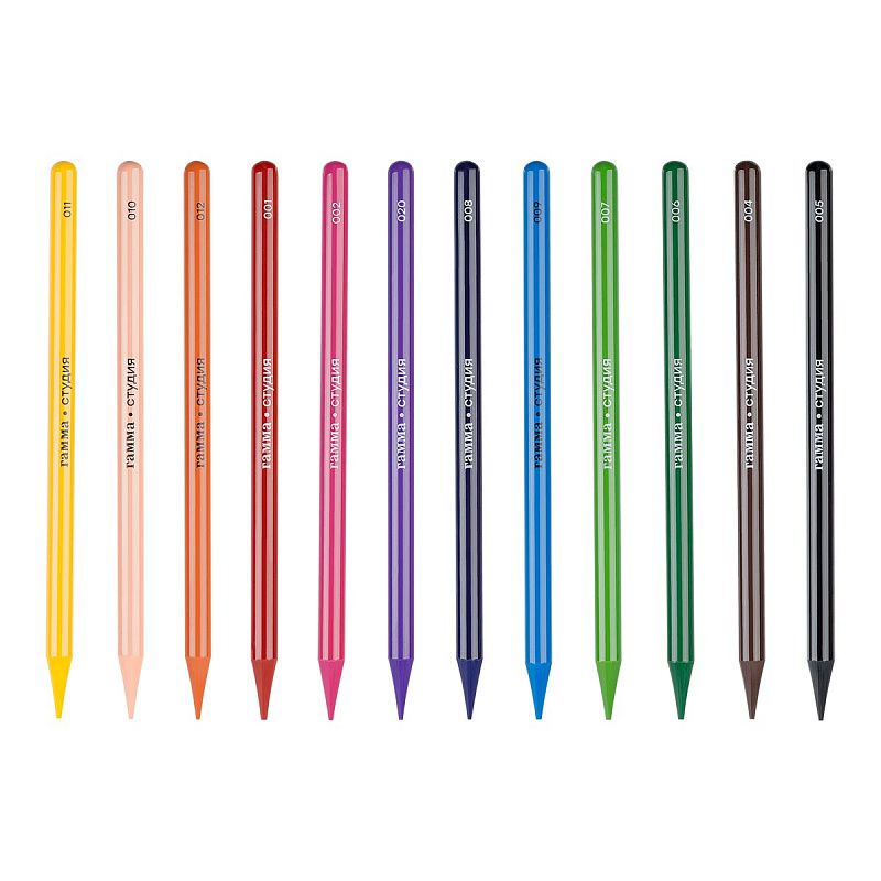 Карандаши цельнографитные цветные Гамма "Студия", 12 цв, заточенный, метал. пенал