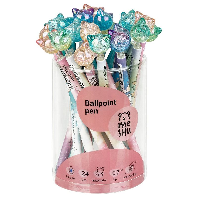 Ручка шариковая автоматическая MESHU "Cute Cats" синяя, 0,7мм, корпус ассорти, с топпером 