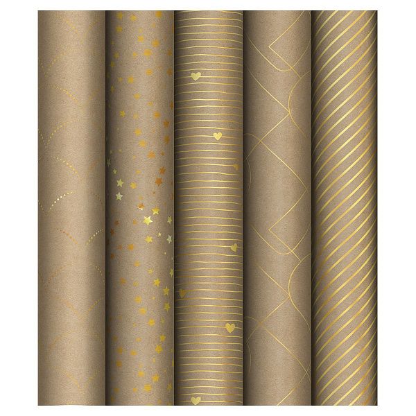 Упаковочная бумага крафт 70*100см, MESHU "Golden Pattern", 80г/м2, отд. фольгой, ассорти 5 дизайнов