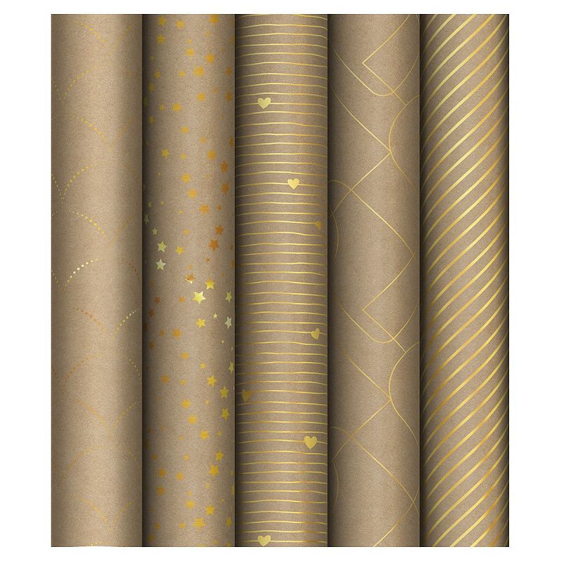 Упаковочная бумага крафт 70*100см, MESHU "Golden Pattern", 80г/м2, отд. фольгой, ассорти 5 дизайнов