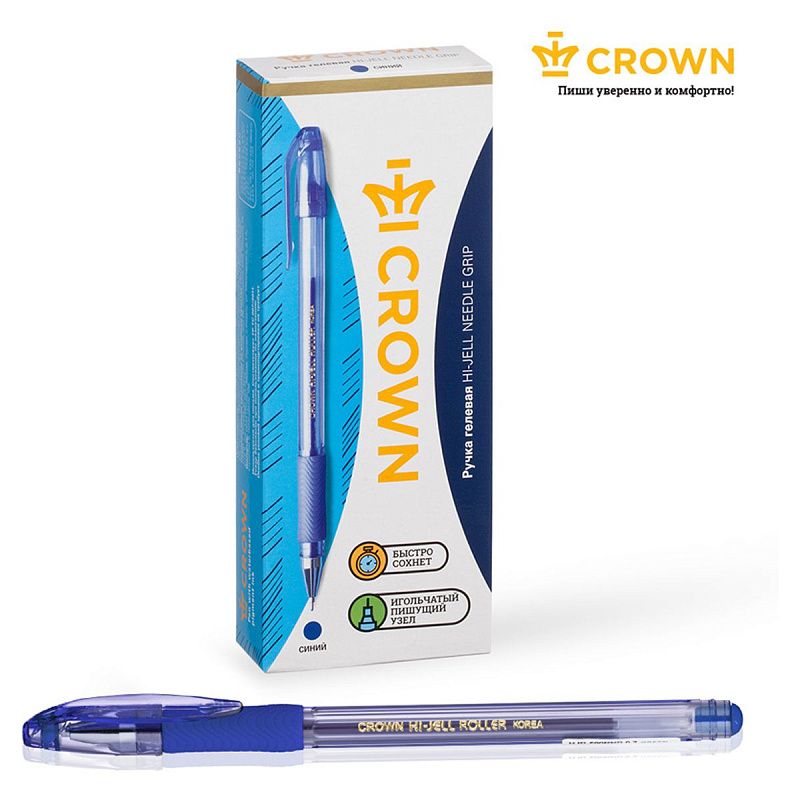 Ручка гелевая Crown "Hi-Jell Needle Grip" синяя, 0,7мм, грип, игольчатый стержень, штрих-код 
