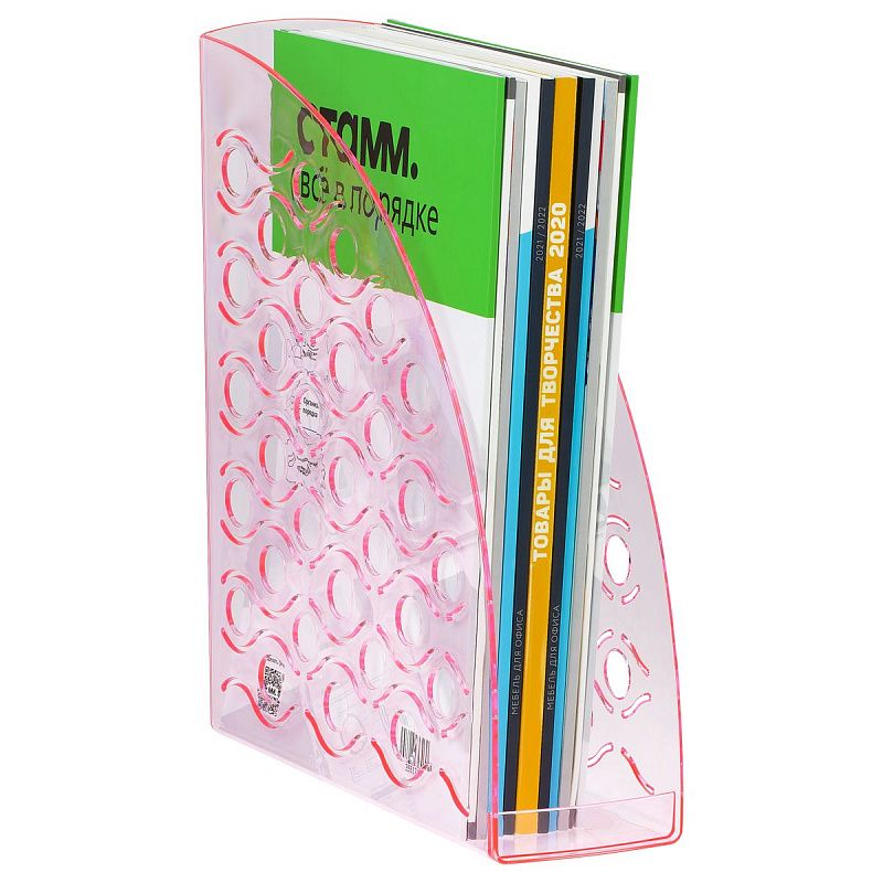 Лоток для бумаг вертикальный СТАММ "Вега", тонированный неоновый розовый, ширина 90мм
