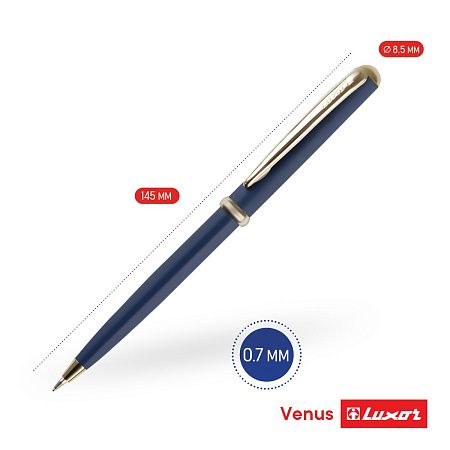 Ручка шариковая Luxor "Venus" синяя, 0,7мм, корпус синий/золото, кнопочный механизм, футляр 