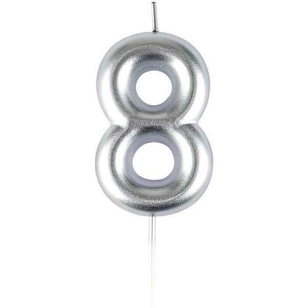 Свеча для торта с держателем MESHU "Цифра 8", 6см, серебряная, блистер