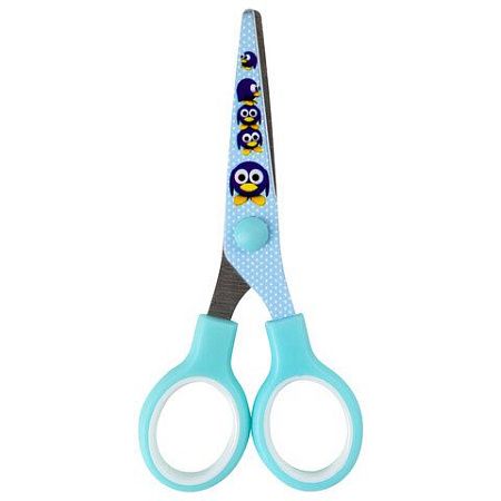 Ножницы BRAUBERG "Kid Series", 130 мм, голубые, с цветной печатью "Пингвины", закругленные, 232271 