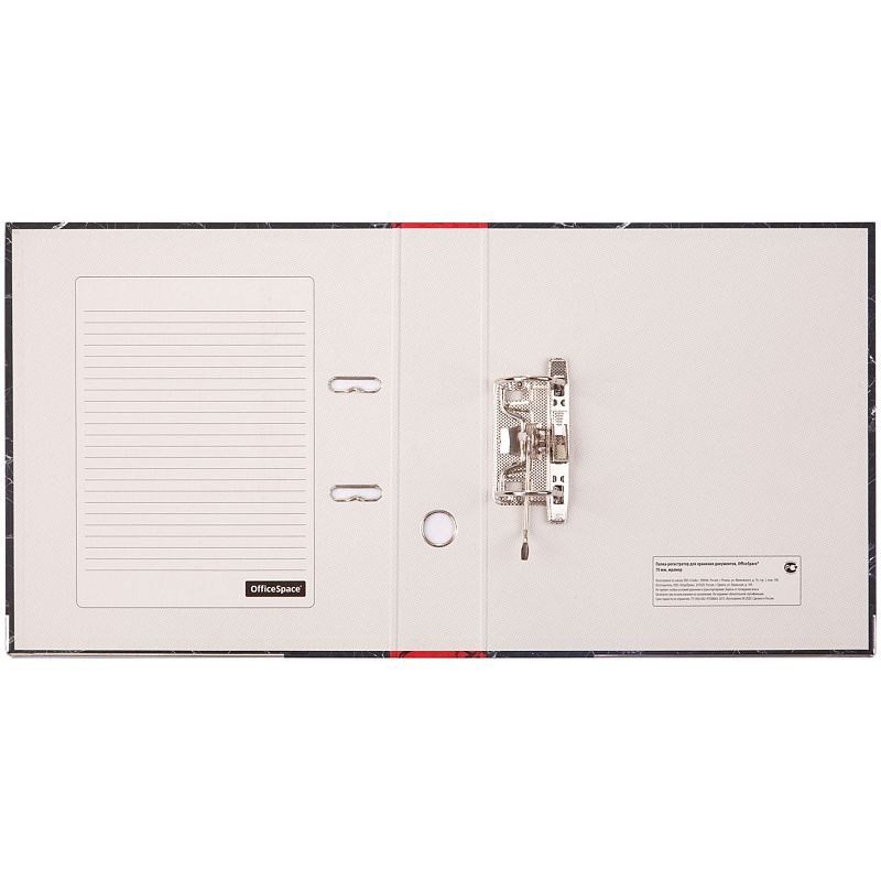 Папка-регистратор OfficeSpace 70мм, мрамор, черная, красный корешок, нижний метал. кант 