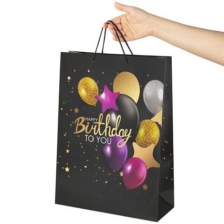 Пакет подарочный 33x12,7x44,7 см ЗОЛОТАЯ СКАЗКА "Happy Birthday", фольга, черный, 608240