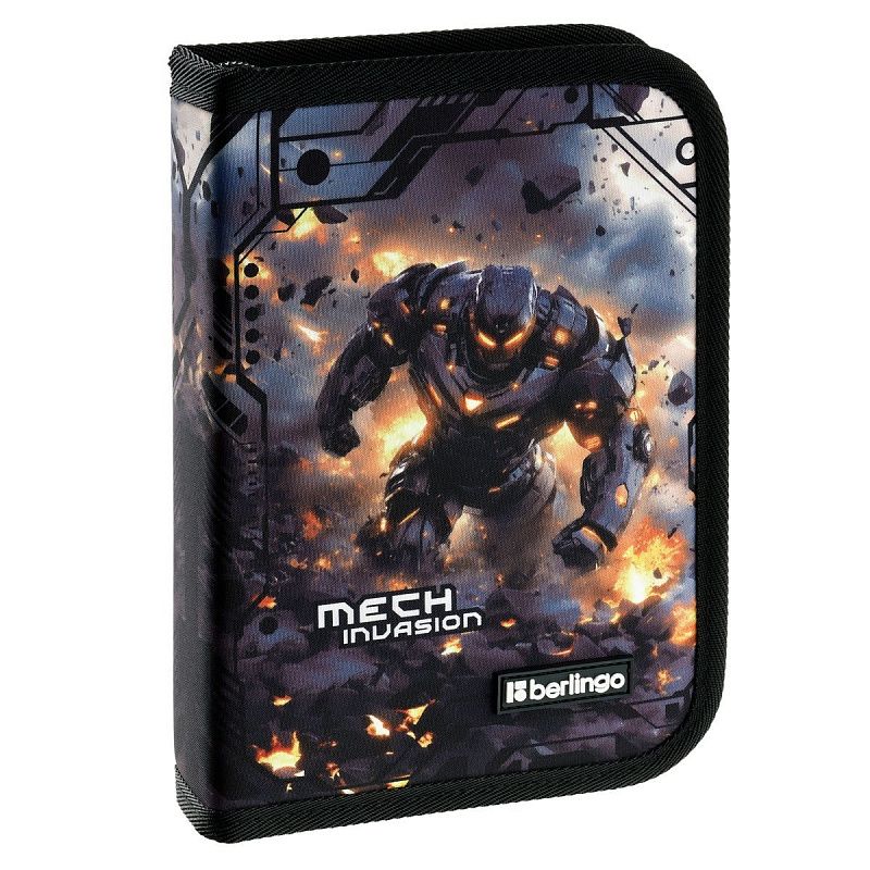 Пенал 1 отделение, 200*140*40 мм, Berlingo "Mech Invasion", 1 дополнительная откидная секция, полиэстер