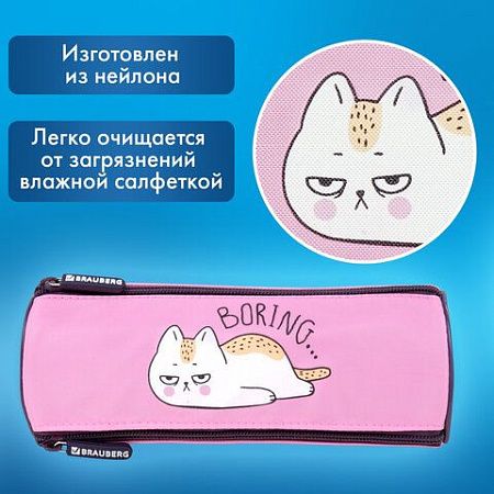 Пенал BRAUBERG, 3 отделения, нейлон, 21х7х7см, Lazy cat, 272306 