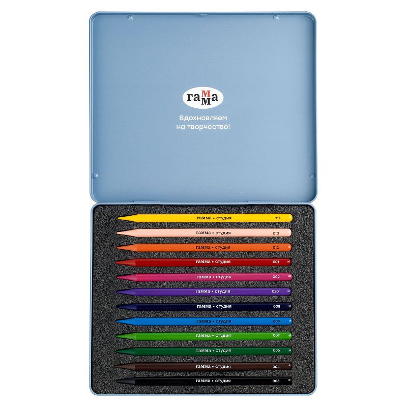 Карандаши цельнографитные цветные Гамма "Студия", 12 цв, заточенный, метал. пенал