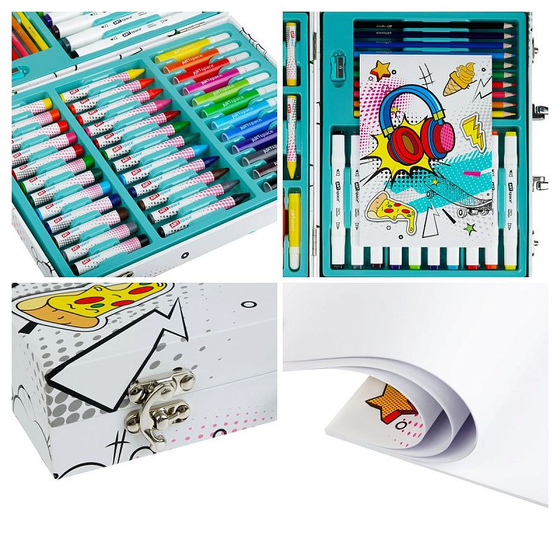 Набор для рисования ArtSpace 58 предм. подарочный бокс. 10цв скетч-маркер., 10цв каранд., 12цв флом., 12цв пастелей, 12цв воск.мелки., блокн., точилка