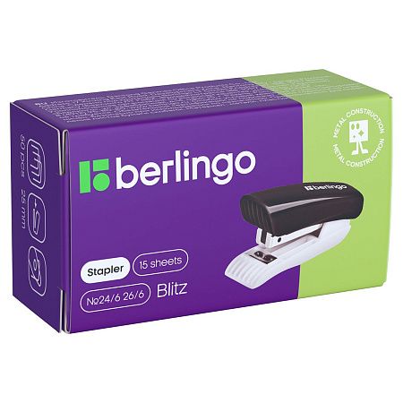 Мини-степлер №24/6 Berlingo "Blitz" до 15л., пластиковый корпус, черный