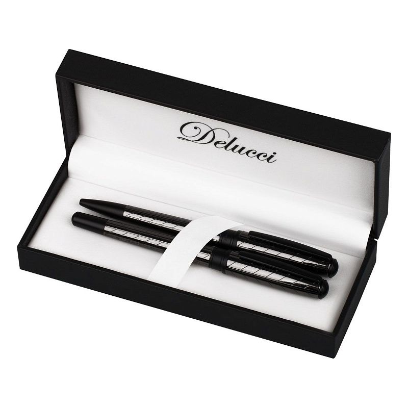 Набор Delucci "Marte": ручка шариковая 1мм и ручка-роллер 0,6мм, синие, корпус титан/черный, подарочная упаковка 