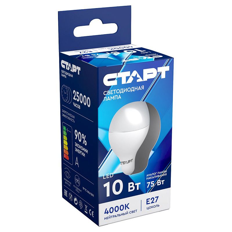 Лампа светодиодная Старт LED, серия "ЭКО" 10W40, тип А "груша", E27, 4000К, холодный свет, 15000ч