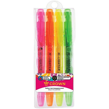 Набор текстовыделителей Crown "Multi Hi-Lighter Aroma" 04цв., 1-4мм, ароматиз., чехол с европодвесом 
