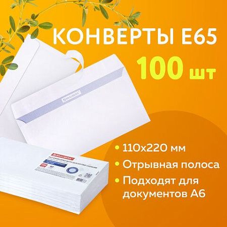 Конверты Е65 (110х220 мм), отрывная лента, внутренняя запечатка, КОМПЛЕКТ 100 шт., BRAUBERG, 112193, DLНКРс(BRAUBERG