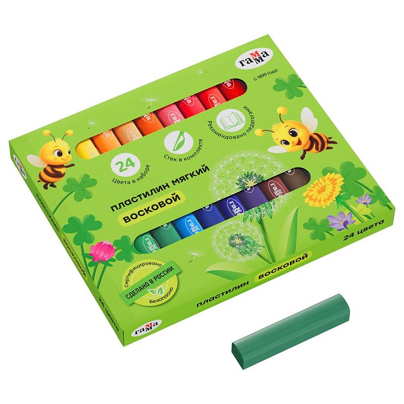 Пластилин восковой мягкий Гамма "Пчелка", 24 цвета, 288г, со стеком, картон. упаковка
