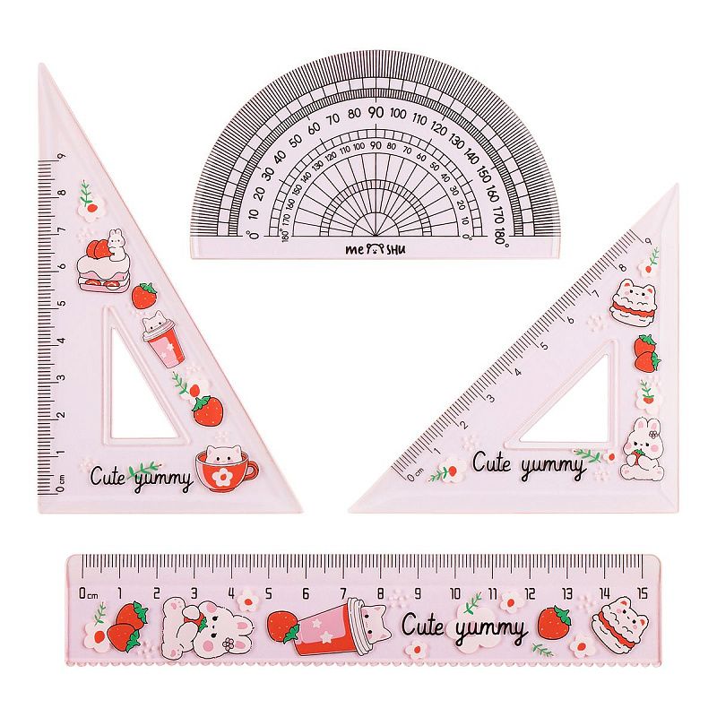 Набор чертежный MESHU "Cute Kittens" (линейка 15см, транспортир, 2 треугольника), пластик, ПВХ-пенал 