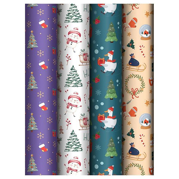 Упаковочная бумага глянц. 70*100см, MESHU "Christmas present", 80г/м2, ассорти  4 дизайна