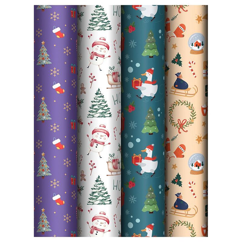 Упаковочная бумага глянц. 70*100см, MESHU "Christmas present", 80г/м2, ассорти  4 дизайна