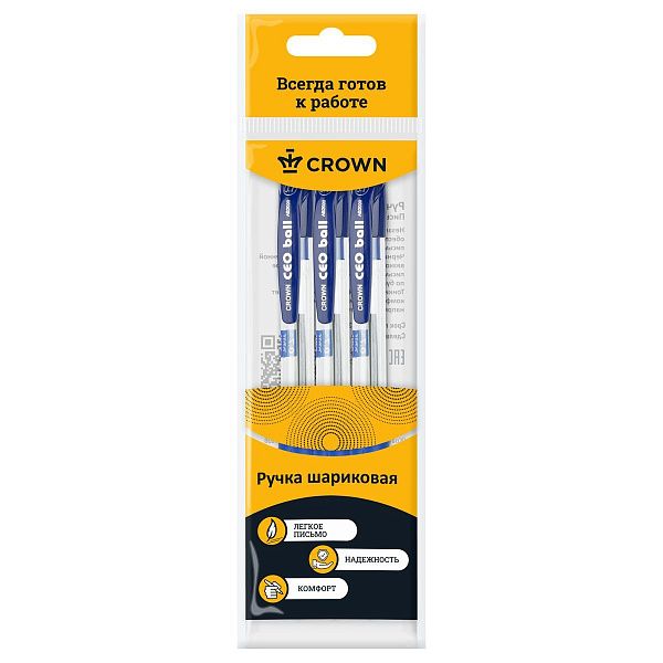УЦЕНКА - Ручка шариковая автоматическая Crown "CEO Ball" синяя, 0,7мм, грип, набор  3шт., европодвес (осн 365035)