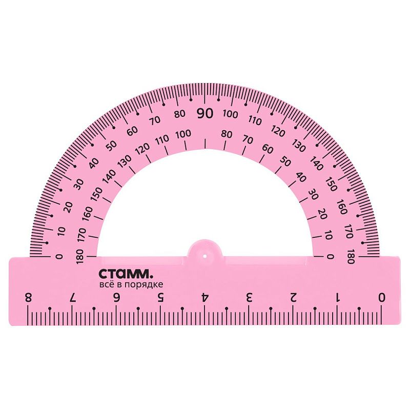 Транспортир 8см, 180° СТАММ, пластиковый, прозрачный, неоновые цвета, ассорти 