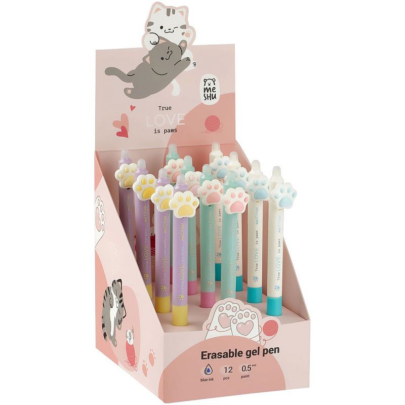 Ручка гелевая стираемая автоматическая MESHU "Sweet paws" синяя, 0,5мм, корпус ассорти, с топпером 